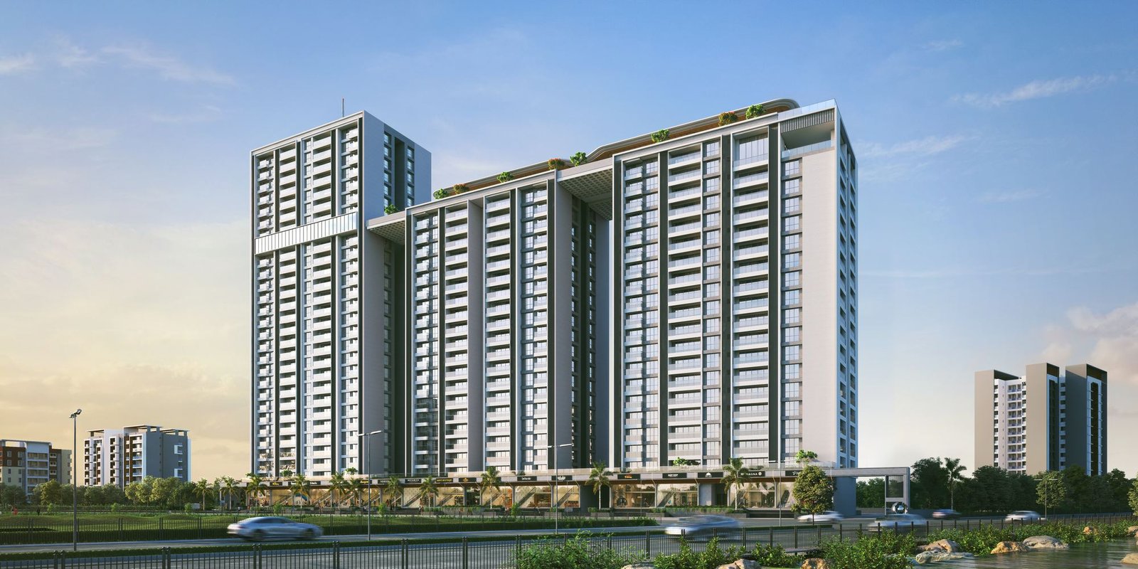 Mantra Mayfair Residences aerial view along the Mula-Mutha riverfront